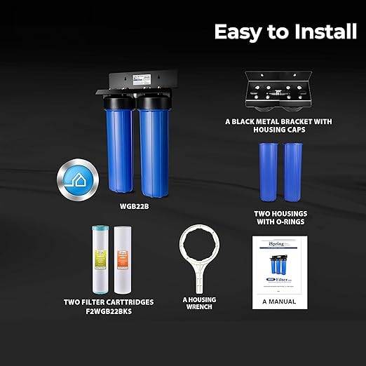 iSpring Whole House Water Filter System, Reduces Sediment, PFAS, Heavy Metals, Chlorine, Chloramine, Hydrogen Sulfide, 2-Stage Whole House Water Filtration System, Model: WGB22B-KS