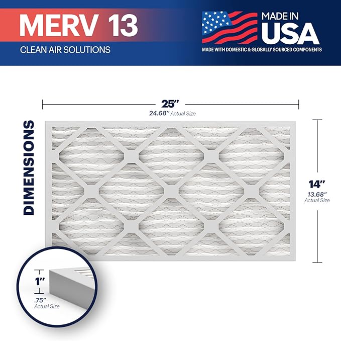 BNX TruFilter 14x25x1 Air Filter MERV 13 (6-Pack) - MADE IN USA - Electrostatic Pleated Air Conditioner HVAC AC Furnace Filters for Allergies, Pollen, Mold, Bacteria, Smoke, Allergen, MPR 1900 FPR 10