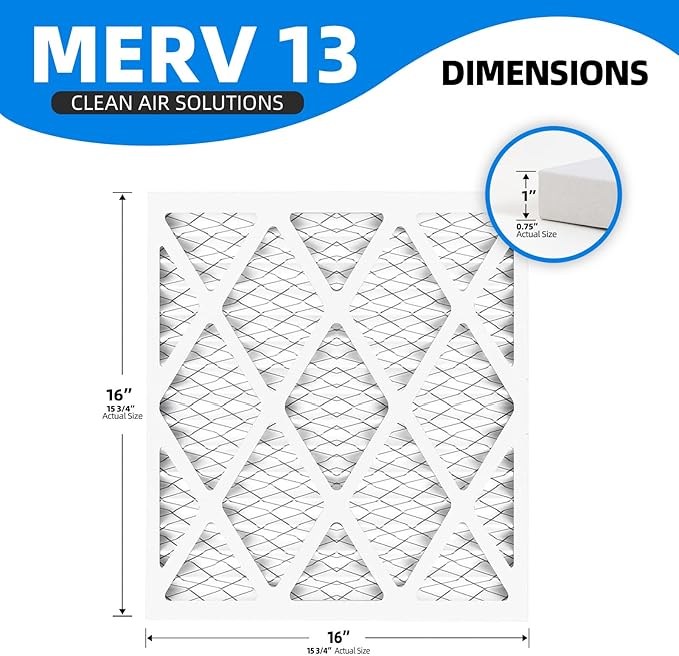 (6 Pack) 16x16x1 Furnace Air Filters, MPR 1900 & FPR 10, MERV 13 Pleated Air Filter (Actual Size: 15.75" x 15.75" x 0.75")