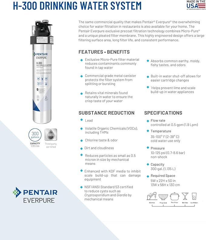 Pentair Everpure H-300 Quick-Change Filter Cartridge, EV927072, NSF Certified to Reduce Lead, For Use in Everpure H-300 Drinking Water Systems, 300 Gallon Capacity, 0.5 Micron