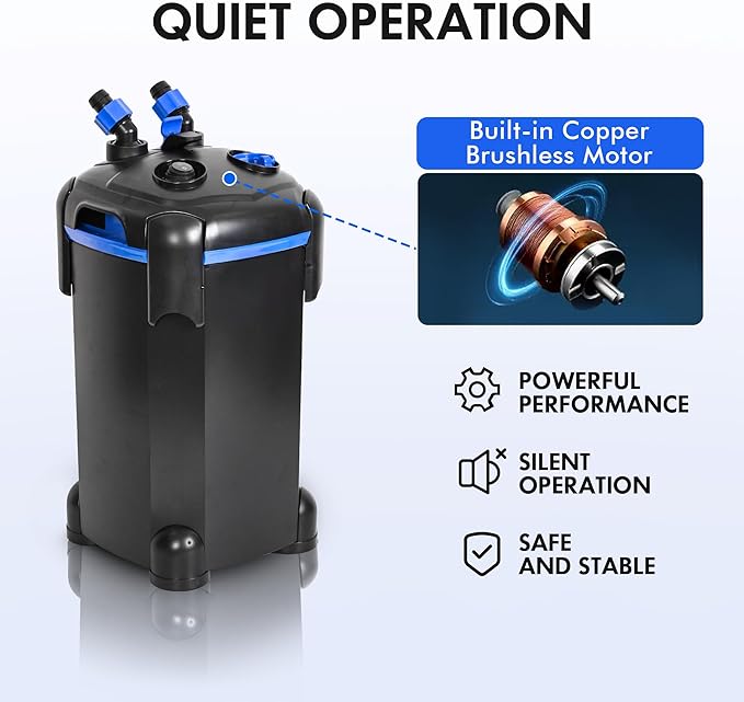 AMOSIJOY 660GPH Ultra-Quiet Canister Filter, 3-Stage External Aquarium Filter with Free Media for Large Fish Tanks and Aquariums