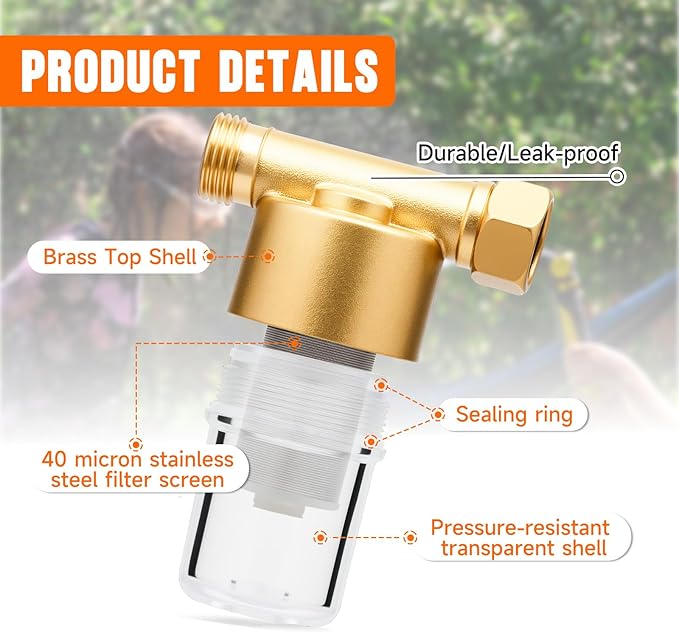 40 Micron Brass Sediment Filter, Reusable Sediment Water Filter for Washing Machine, Shower,Gardens, Well Water Traps Sand Particles, Rust, and Copper Shavings (Brass)