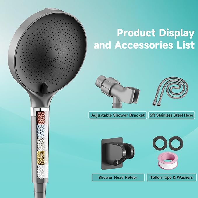 Filtered Shower Head, 6 inch High Pressure Handheld Shower Head with Filter for Hard Water, 6 Spray Modes Detachable Showerhead with Hose and Shower Arm Bracket, Dark Grey