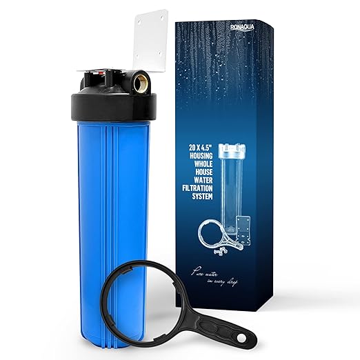 High Capacity 20 x 4.5” Whole House Filter Purifier System for Well or City Water, Presser Relief Button, 1” NPT Brass Port, Double O-Ring, Meets NSF Standards & Regulations (Blue, 1 Set)