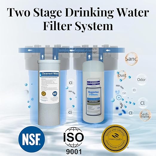 Two (2) Stage 20" x 4.5" Drinking Water Filter System | NSF Certified Water Filters Set | Whole House Water Filter System | Includes Carbon & Sediment Filters.