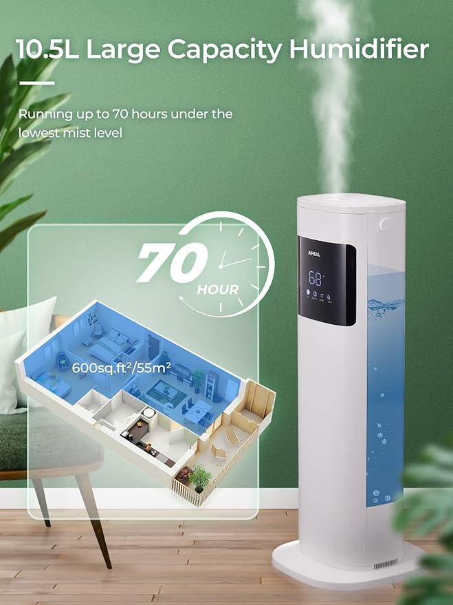 Humidifier for Large Room Home, 10.5L Top Fill Cool and Warm Mist Ultrasonic Floor Humidifiers for Baby and Plants with Customized Humidity, Timer, Sleep Mode, Auto Shut Off, Quiet, White