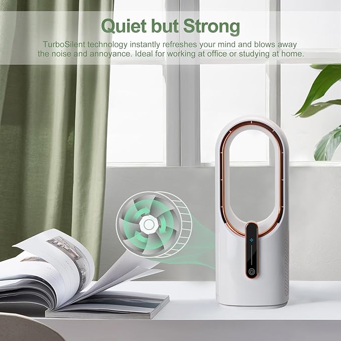 CONBOLA Desk Fan Small Quiet, Battery Operated Portable, Bladeless Desktop Fan with 3 Cooling Speeds, 11.8 Inch Touch Control Personal Fan for Bedroom, Office, Home, Outdoor (White)