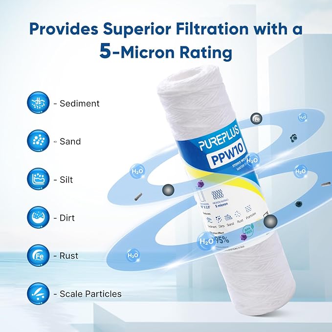 The 5 Micron 10" x 2.5" Whole House String Wound Sediment Filter is ideal for well water purification. It is a replacement cartridge for universal 10-inch RO systems