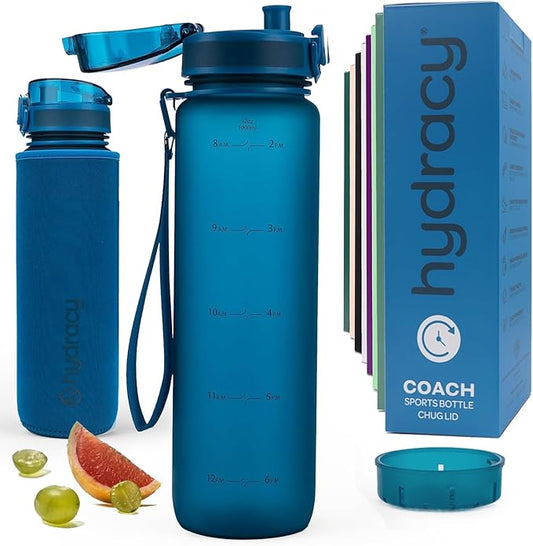 Hydracy Water Bottle with Time Marker -Large BPA Free Water Bottle & No Sweat Sleeve -Leak Proof Gym Bottle with Fruit Infuser Strainer & Times to Drink -Ideal for Fitness Sports & Outdoors