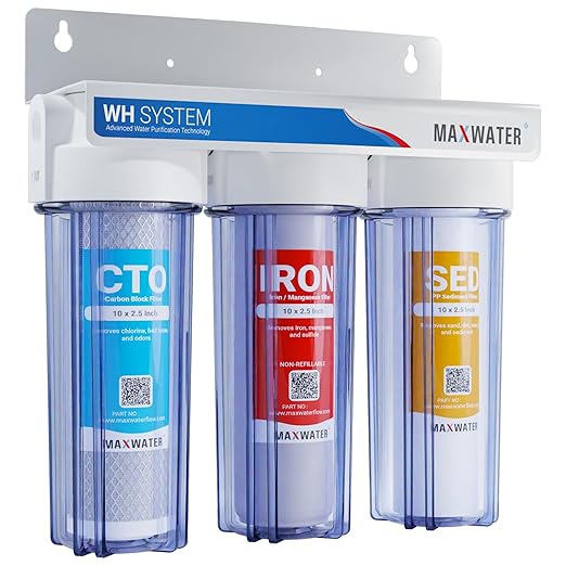 Max Water 3 Stage Water Filtration System for Whole House - Sediment+Iron Manganese+CTO Post Carbon-3/4" Inlet/Outlet-Model : WH-SC9
