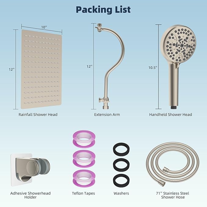 Hibbent 12'' All Metal Shower Head, High Pressure Rainfall Shower Head/Handheld Showerhead Combo/ 12'' Adjustable Curved Shower Extension Arm, 10-Spray, 71'' Adhesive Showerhead Holder, Brushed Nickel
