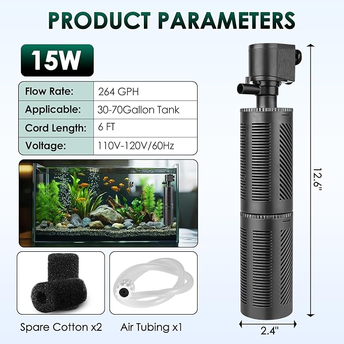 hygger 30-70 Gallon Submersible Aquarium Power Filter in-Tank Filtration with Aeration for Saltwater and Freshwater Fish Tank Internal Filters 264 GPH