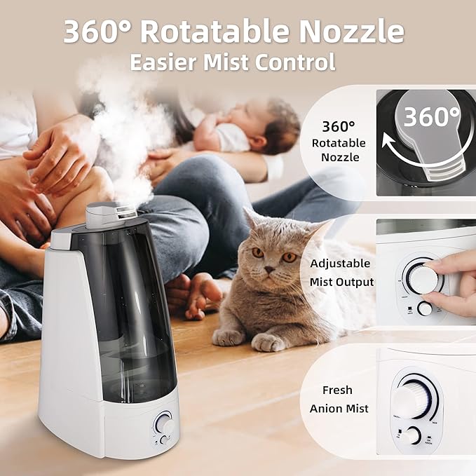 Cool Mist Humidifier for Office & Bedroom, 5L Top Fill Personal Humidifier with Adjustable Mist Mode, 2 Settings, Anion Technology, Ultra Quiet, Auto Shut-Off, Lasts Up to 15 Hours – Black