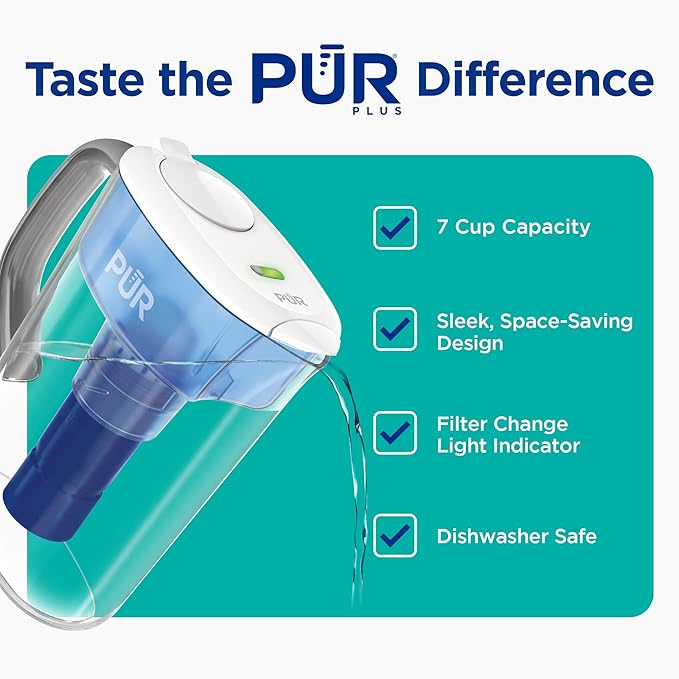 PUR Plus 7-Cup Water Pitcher, 1 Lead-Reducing Filter, Cleaner, Great-tasting Water, Dishwasher Safe, Powerful Filtration, Filter Change Light Indicator, LockFit Cap Design - White