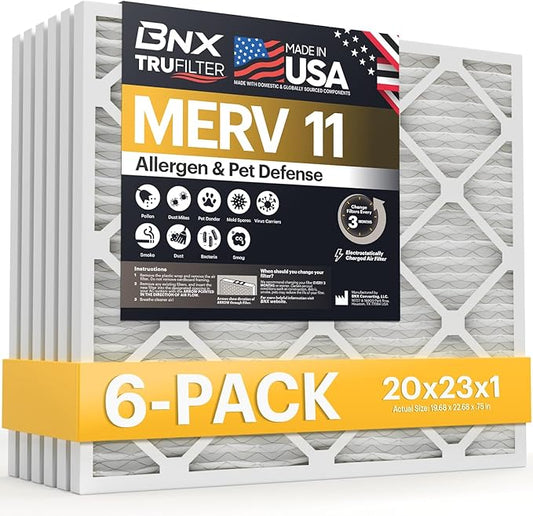 BNX TruFilter 20x23x1 Air Filter MERV 11 (6-Pack) - MADE IN USA - Allergen Defense Electrostatic Pleated Air Conditioner HVAC AC Furnace Filters for Allergies, Dust, Pet, Smoke, Allergy MPR 1200 FPR 7
