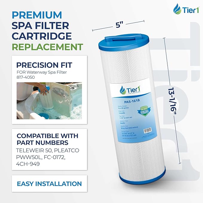 Tier1 Replacement for Waterway Spa Filter 817-4050 – 2 Pack | Compatible with Teleweir 50, Pleatco PWW50L, FC-0172, 4CH-949 | 13-1/16" x 5" | Trilobal Fabric | High Flow | Washable Filter Cartridge