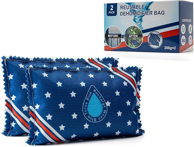 Rechargeable Dehumidifier Bags (2 x 200g) Microwave Reactivated Silica Gel Desiccant Window Condensation Absorber Reusable Moisture Absorbers for Car, Gun Safe, Closet, Garage Storage