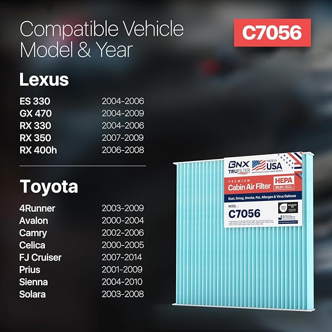 BNX TruFilter C7056 Cabin Air Filter, HEPA 99.97%, MADE IN USA, Compatible With Select Toyota Camry, 4Runner, Prius, Avalon, FJ Cruiser, Celica, Sienna, Solara; Lexus ES330, GX470, RX330, RX350,RX400h