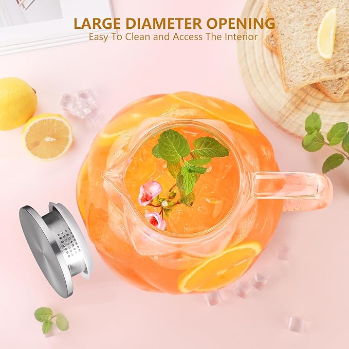 Glass Pitcher With Lid, 102oz Unique Petal Design, Stainless Steel Large Iced Tea Pitcher, Easy To Clean Lightweight Borosilicate Glass For Cold And Hot Beverages