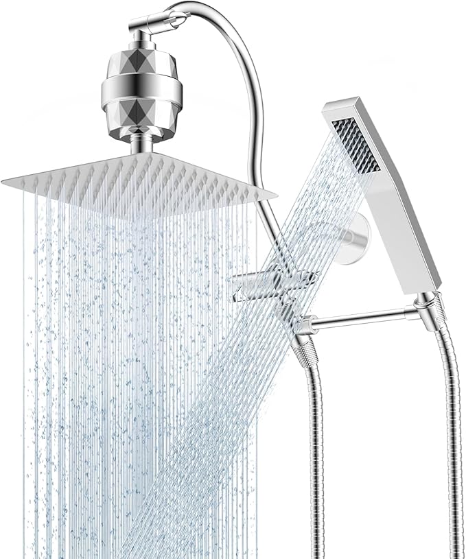 Hibbent All Metal 10'' Filtered Rainfall Shower Head Combo, High Pressure Handheld Shower Wand, 12'' Adjustable Curved Extension Arm, 20 Stage Shower Filter, 71'' Hose, Shower Head Holders, Chrome