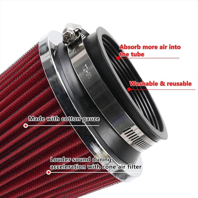Clamp-On Cold Air Intake Filter, High Performance, Washable Filter, Replacement Air Filter, Flange Diameter 3inch/76mm Red