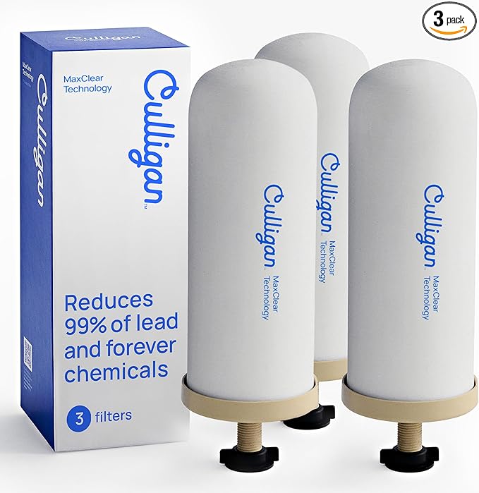 Culligan MaxClear 7” Gravity Water Filter Replacement Compatible with Berkey Water Filter Systems, Ceramic & Carbon Gravity Filter NSF/ANSI Certified, Reduce Total PFAS, Microplastics & Lead, 3-Pack
