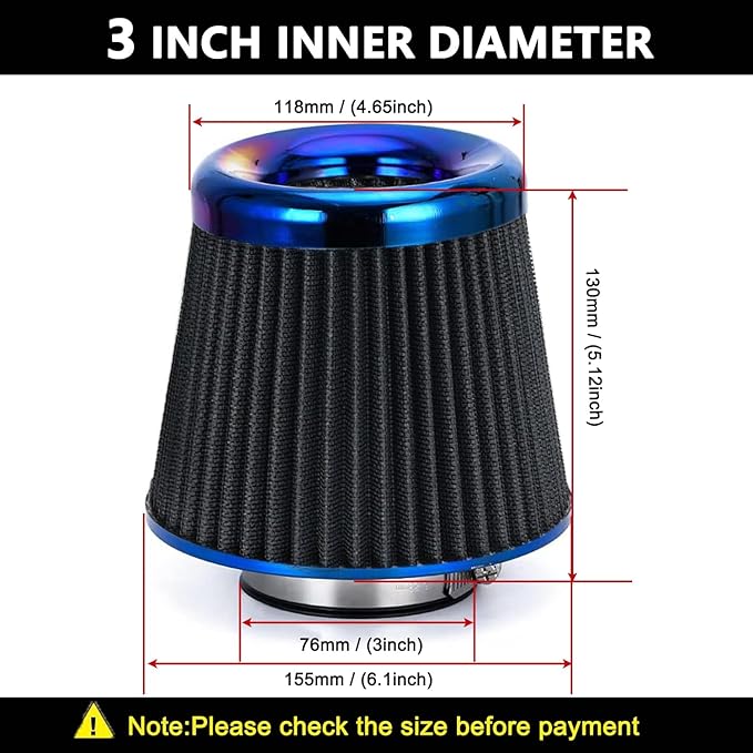 Cold Air Intake Filter, High Performance, Washable Filter, Clamp-On Replacement Air Filter, Flange Diameter 3inch/76mm Black