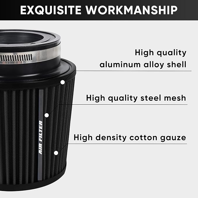 4 Inches Cold Air Intake Filter 3" or 3.5" or 4" High Performance Washable Clamp-On Replacement Cone Air Filter 3 in 1 Size Black