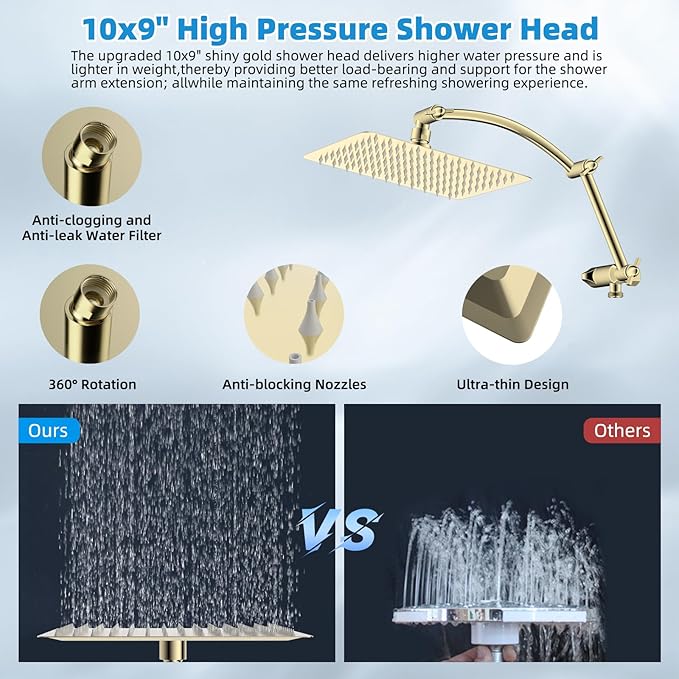 Hibbent All Metal Shower Head, 10'' High Pressure Rain Shower Head, Handheld Showerhead Combo, 16'' Adjustable Shower Extension Arm, 10 Sprays, 71'' Hose, Adhesive Showerhead Holder, Polished Brass