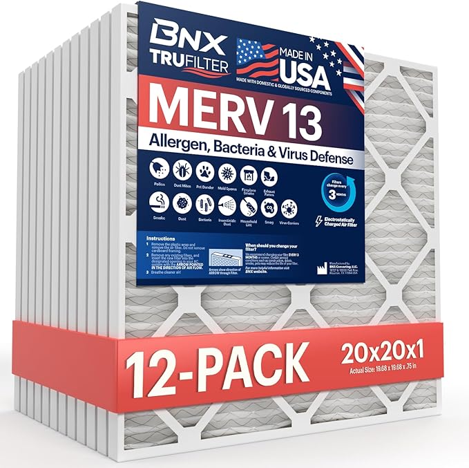 BNX TruFilter 20x20x1 MERV 13 (12-Pack) AC Furnace Air Filter - MADE IN USA - Electrostatic Pleated Air Conditioner HVAC AC Furnace Filters - Removes Pollen, Mold, Bacteria, Smoke