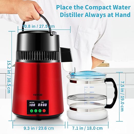 VEVOR 1.1Gal Water Distiller, 0.3Gal/H, Distilled Water Maker Machine 750W 0-99H Timing Setting Temp Display, 304 Stainless Steel Countertop Distiller Glass Carafe Cleaning Powder 3 Carbon Packs, Red
