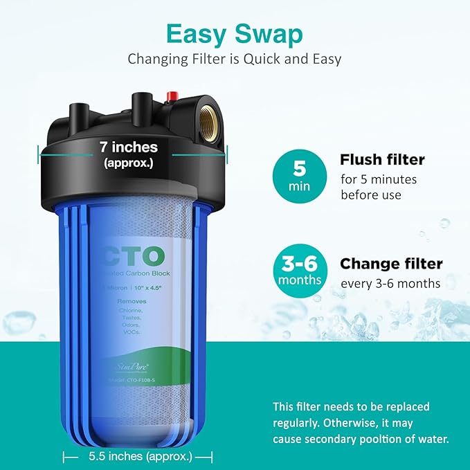SimPure 5 Micron 10 x 4.5 Inch Whole House Carbon Water Filter | CTO Activated Coconut Carbon Replacement Cartridge | Fits DB10P, DB10C-2, GE GXWH40L, GXWH35F, BB10, FXHTC, FC15B (2Pack)