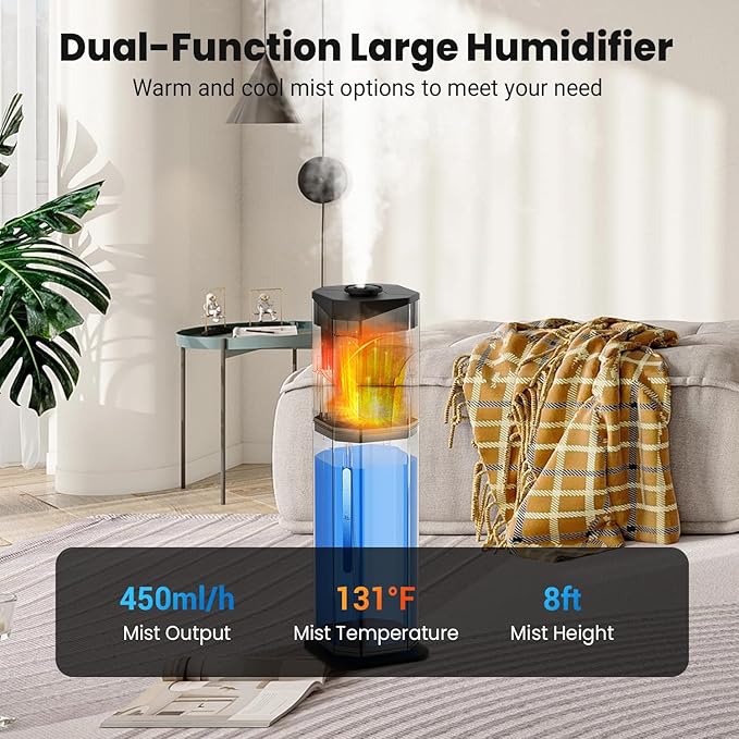 Humidifiers for Bedroom - GloryAir 2.38Gal/9L Top Fill Warm & Cool Mist Humidifier for Large Room 750ft² with Auto Mode 7-Color Light, Humidistat, Quiet Humidifier for Plants Baby Adults Home & Office