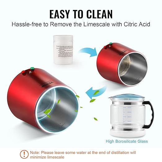 VEVOR Water Distiller, 4L 1.05 Gallon Pure Purifier Filter for Home Countertop, 750W Distilled Maker, Stainless Steel Interior Machine to Make Clean Water, Red