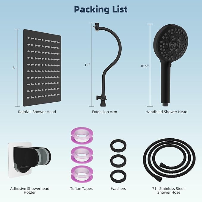 Hibbent All Metal Shower Head, 8'' High Pressure Rainfall Shower Head, Handheld Showerhead Combo with 12'' Adjustable Curved Extension Arm, 10-Spray, 71'' Hose, Adhesive Showerhead Holder, Matte Black