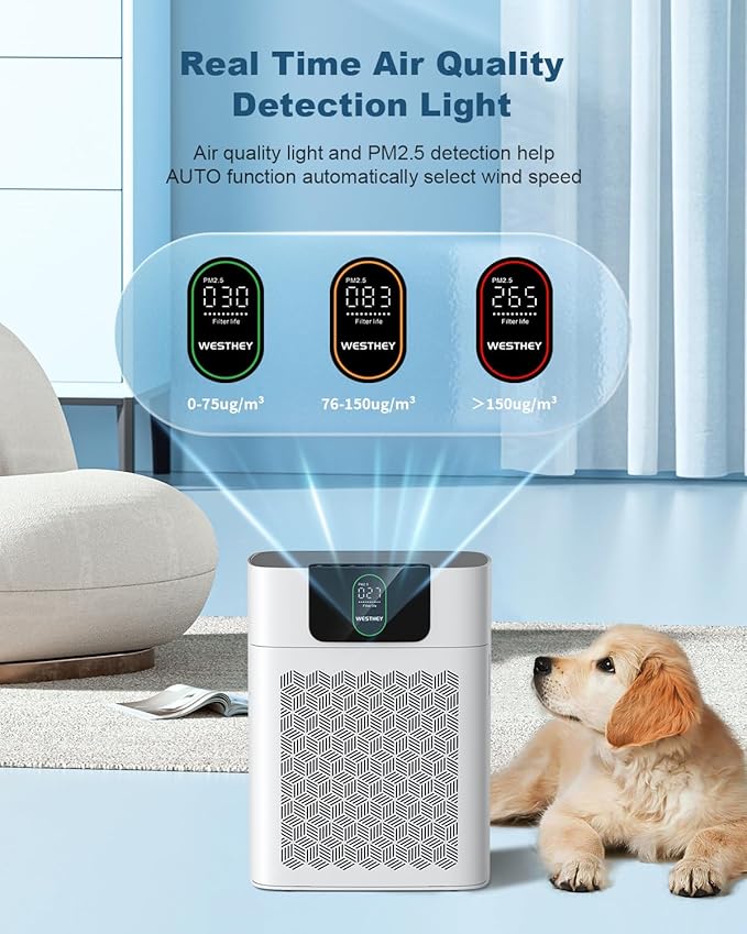 Air Purifiers for Home Large Room Up to 2500 ft², WESTHEY HEPA Filter Purifier for Smoke, Air Cleaner for Wildfire Smoke Ash Pollen Pets Hair Odor, 2 PCS Filters for Bedroom, Applicable to California