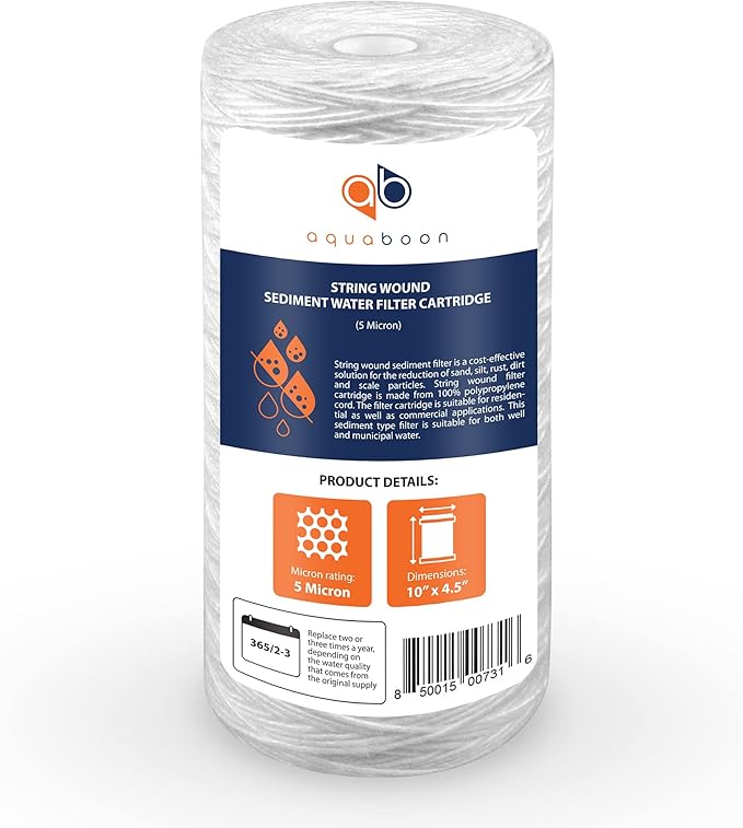 Aquaboon 5 Micron Water Filter 10 x 4.5 inch - String Wound Water Filter for Whole House System - Compatible with 84637, WPX5BB97P, PC10, 355214-45, 355215-45, WP10BB97P, WP5BB97P (20 Pack)