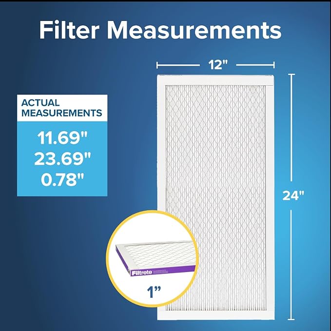 Filtrete 12x24x1 AC Furnace Air Filter, MERV 12, MPR 1500, CERTIFIED asthma & allergy friendly, 3 Month Pleated 1-Inch Electrostatic Air Cleaning Filter, 4-Pack (Actual Size 11.69 x 23.69 x 0.78 in)