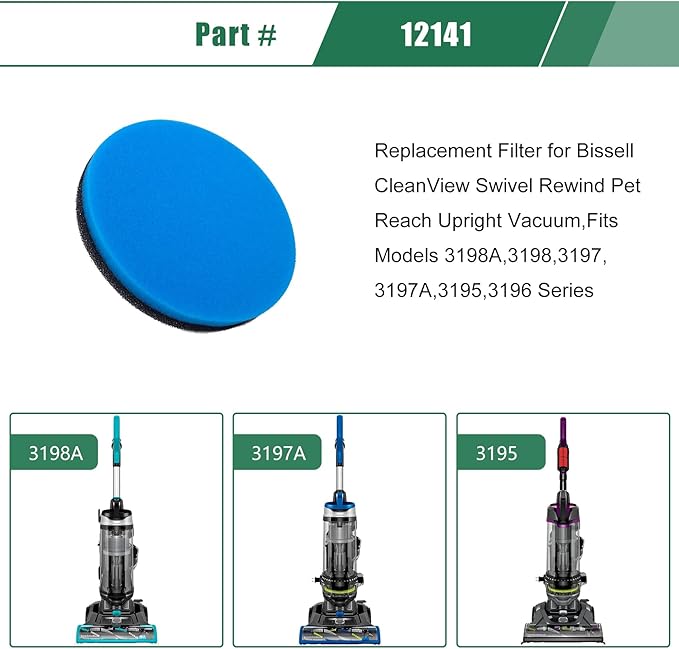 Replacement Filter for Bissell CleanView Swivel Rewind Pet Reach Upright Vacuum,Fits Models 3198A,3198,3197,3197A,3195,3196 Series Part # 12141 (Blue- 2 Pack)