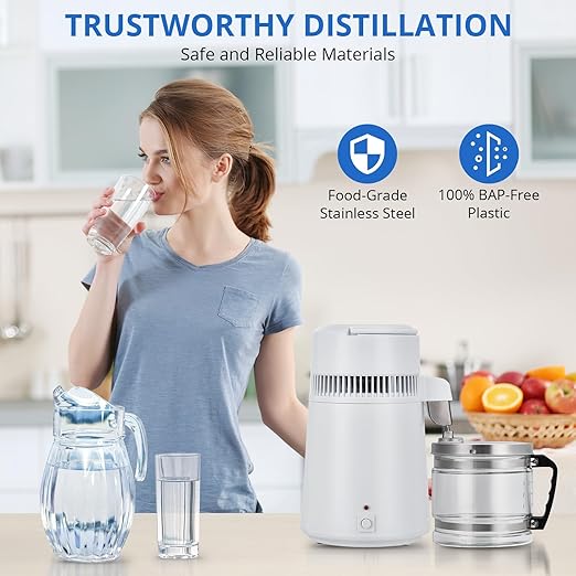4L Water Distiller,Household Stainless Steel Distilled Water Purifier,Countertop Distilled Water Maker,4 Litre Distilled Water Machine for Home.White Glass Bottle