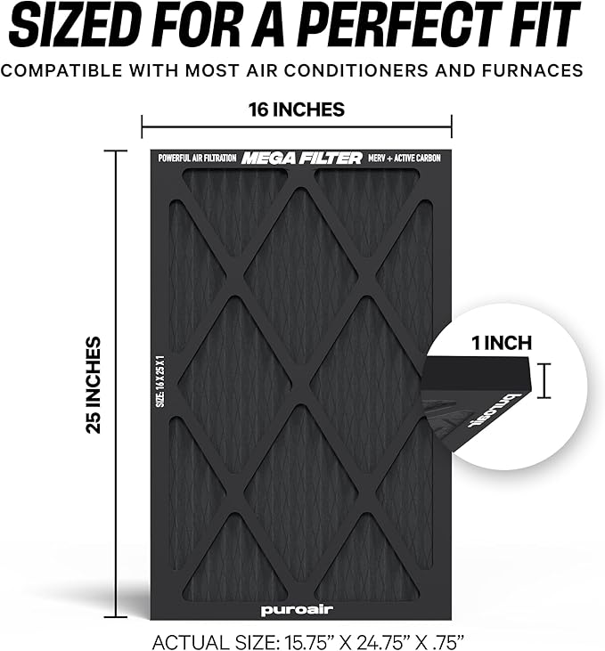 PuroAir Mega Filter - MERV 13 16x25x1 Air Filters For Home With Activated Carbon - Filters Allergens, Pet Dander, Smoke, Dust - Furnace and AC Filters - Air Filters 16x25x1 MERV 13 (2 Pack)