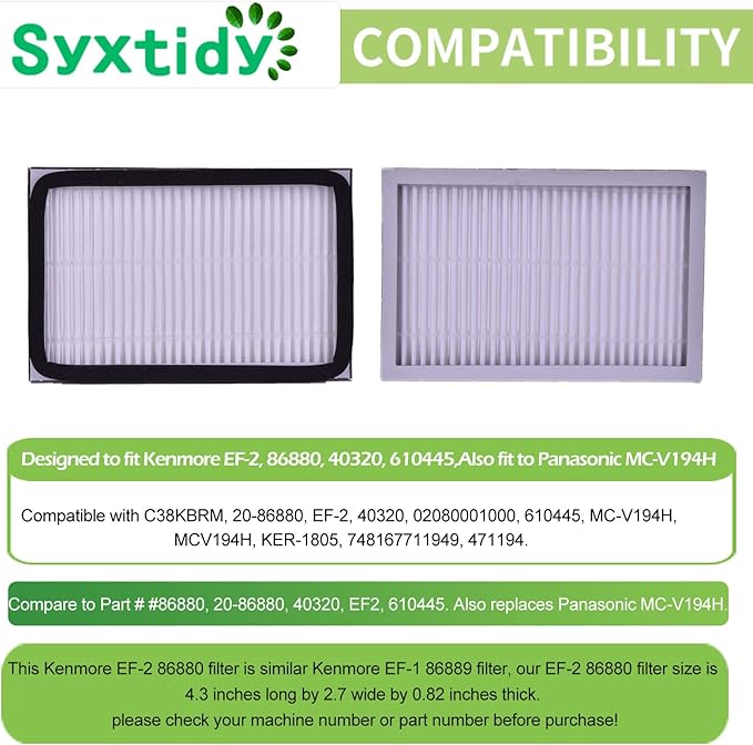 HEPA Filter Replacement for Kenmore EF-2, 86880, 20-86880, 40320, 610445, Panasonic MC-V194H, 4 Pack, White