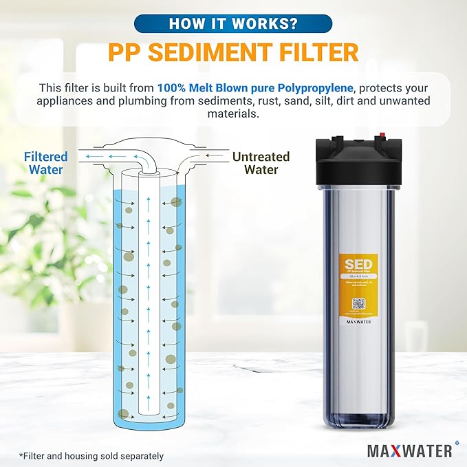 Max Water 10 Micron 20 x 4.5 Sediment Filter 20 inch Whole House BB Water Filteration System Replacement Compatible Cartridge DGD-5005-20, FP25B, AP810-6, FPMB5-20, P5-20, 155358-43, SDC-45-2005