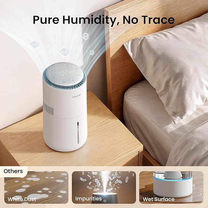 MistFree Evaporative Humidifier for Bedroom, 3L No White Dust for Sensitive Individuals & Kids, Auto Humidity Control, Ultra Quiet Sleep Mode, Easy Clean Tank for Office & Small Room