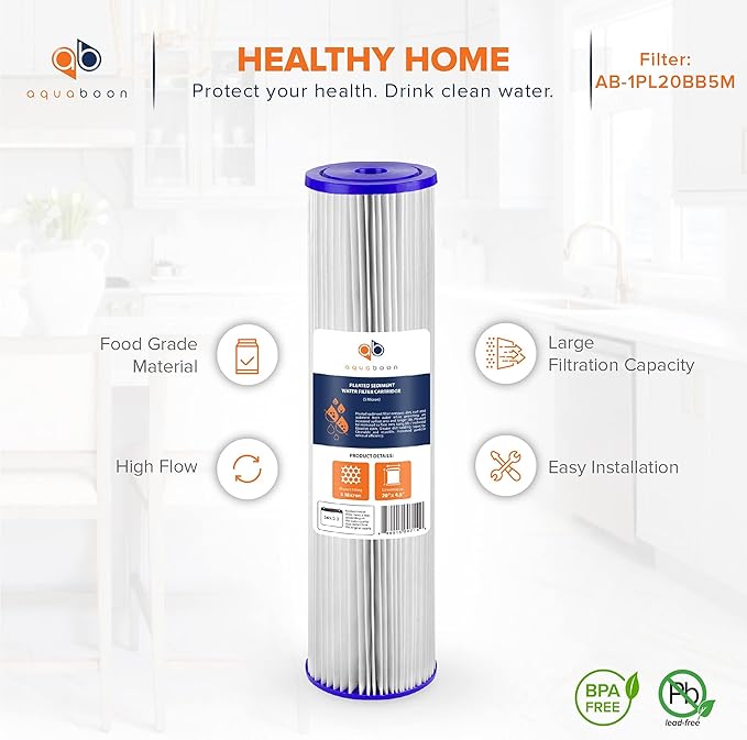 Aquaboon 20 Inch Whole House Pleated Water Sediment Filter Replacement 5 Micron Water Filter Cartridge Compatible with ECP5-20BB, SPC-45-2005, 4-Pack