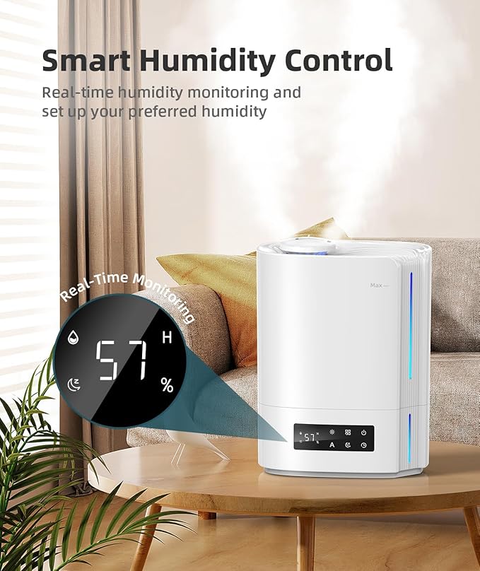 BREEZOME 6L Humidifiers for Bedroom Large Room & Essential Oil Diffuser, Ultrasonic Top Fill Cool Mist Humidifiers for Baby, Plants, Nursery Last up to 60 Hours, Smart Humidistat Control, Quiet, White