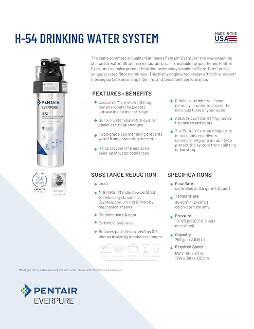 Pentair Everpure H-54 Quick-Change Replacement Cartridge, EV925268, NSF Certified to Reduce Lead, For Use in Everpure H-54 Drinking Water System, 750 Gallon Capacity, 0.5 Micron