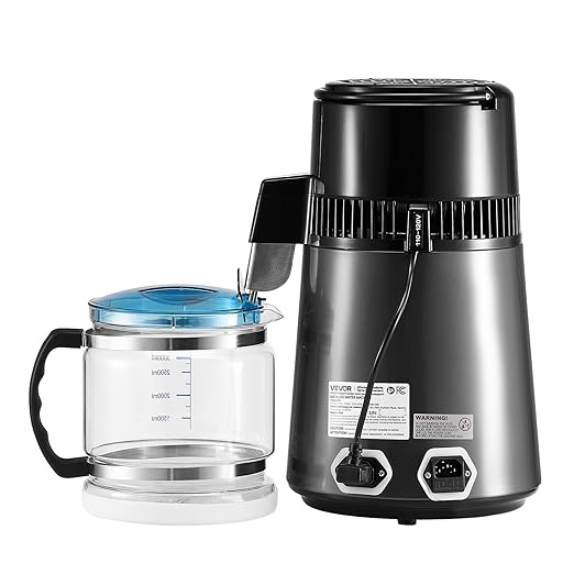 VEVOR Water Distiller, 4L 1.1 Gallon Pure Water Purifier Filter for Home Table Countertop, 1750W Distilled Maker with Glass Pot, Stainless Steel Interior Drinking Machine to Make Clean Waters, Grey