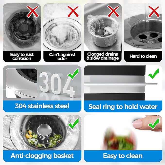 Kitchen Sink Drain Strainer - 2Pack Sink Stopper, Drain Protector, Kitchen Drain Plug & Sink Installation Parts with Anti-Clogging Basket, Fit US Standard 3-1/2'' Sink Drain Hole, Silver Black