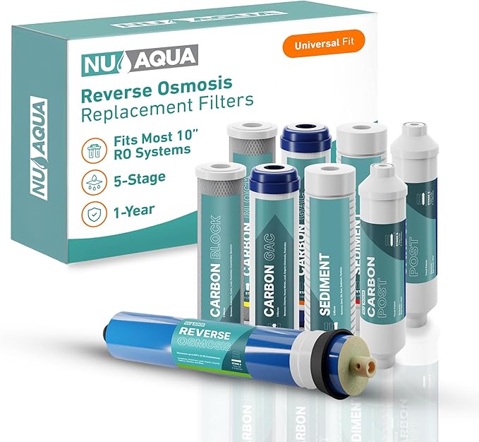 NU Aqua Reverse Osmosis Water Filter System Replacement Set - 5 Stage 1 Year Under Sink Kit - Includes Membrane, Sediment, Carbon Filters, Parts & Fittings - Universal RO Filtration Cartridge Pack